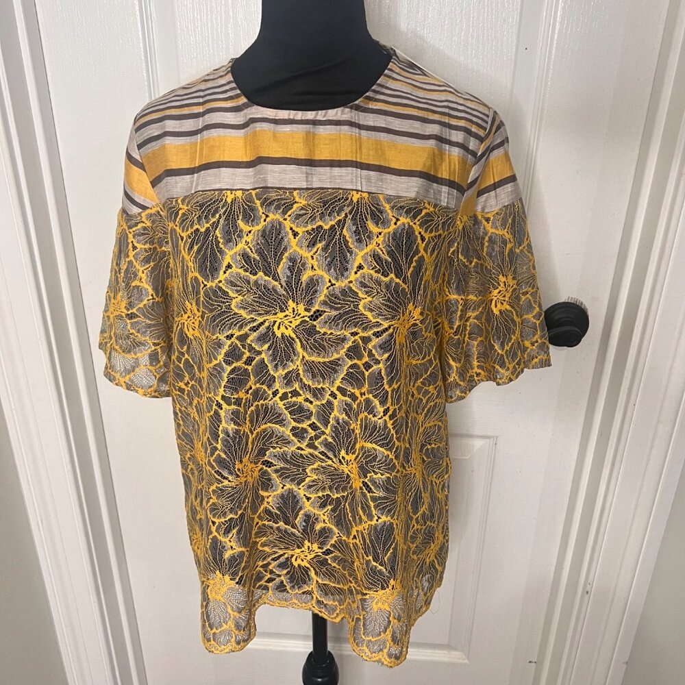 Anthropologie Floral Short Sleeve Casual Lace Blouse Stripe Top Size 6 NWT